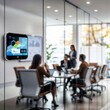 © LIDIIA - Smart Office Thermostat Control. A smart thermostat on a glass wall, displaying time and temperature, with a blurred meeting room in the background.