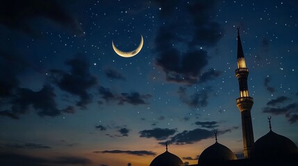 Poster - Soft moonlight bathes the mosque in a serene glow as stars twinkle against the deep blue sky. A sense of meditation envelops the architectural beauty, inviting contemplation of faith