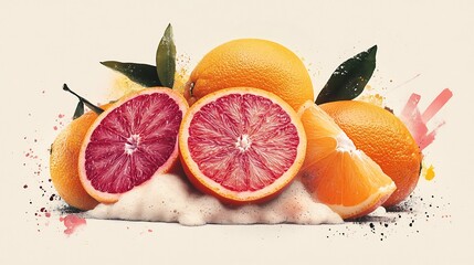 Wall Mural - Vibrant oranges and blood oranges rest softly on creamy white background Bold color palette evokes juicy freshness. AI Generated