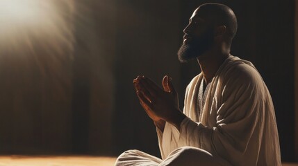 Poster - A man of faith engages in deep prayer, seated in a tranquil atmosphere filled with soft light. His serene disposition embodies devotion and spirituality, creating a moment of stillness