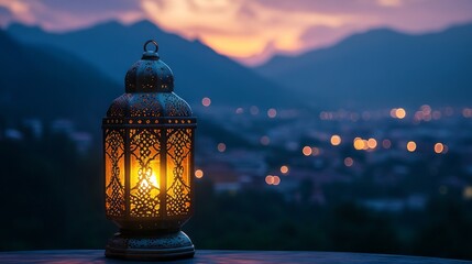 Poster - A beautifully crafted lantern glows softly as dusk falls, illuminating the serene landscape. The peacefulness of Ramadan transcends the majestic mountains, inviting reflection and unity