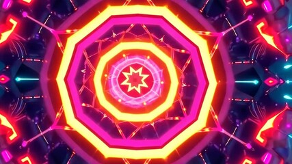 Poster - A colorful design with a red center and blue and orange surrounding it. The design is made up of many small shapes