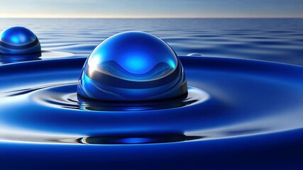 Poster - Rippling reflections of vibrant blue spheres dancing on tranquil waters at twilight. Generative AI
