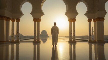 Poster - A Muslim man stands in quiet contemplation, facing a stunning sunrise at the mosque. The ethereal light floods the elegant arches, creating a sacred atmosphere perfect for prayer