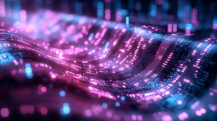 Poster - Colorful abstract waves with glowing particles in a digital landscape at night