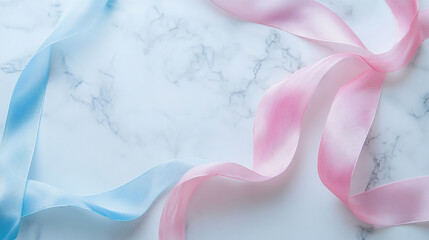 Poster - Ribbon patterns in soft blue and pink on a marble surface create a delicate composition