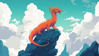 Wall Mural - Majestic dragon illustration, perched fiercely on a rocky cliff, surrounded by swirling clouds and a vibrant sunset backdrop.