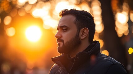 Poster - Bathed in the warm glow of the sunset, a Muslim man kneels in prayer, his serene expression reflecting deep contemplation. The sky is ablaze with color, enhancing the peaceful atmosphere