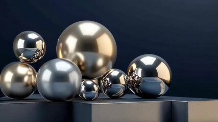 Poster - Reflecting beauty of metallic spheres in a serene setting with minimalist design elements at dusk. Generative AI