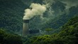 © Rattana - Modern cooling tower releasing steam, surrounded by vibrant greenery, showcasing industrial innovation amid a serene natural landscape.