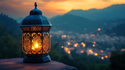 Poster - A beautifully crafted lantern radiates warm light against a serene twilight backdrop
