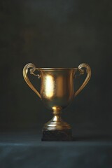 shiny gold trophy with two handles, resting on an elegant base. The background is a dark gray color that highlights the golden hue of the cup.