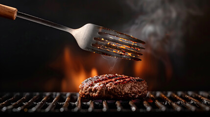 Canvas Print - Grilling Perfection: Juicy burger patty sizzles on a hot grill, flames and smoke adding to the dramatic image of culinary delight.