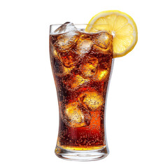 Poster - Refreshing glass of soda with ice and lemon slice, perfect for hot days. Enjoy fizzy bubbles and citrus flavor