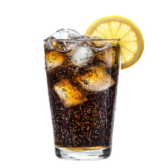 Poster - Refreshing glass of with ice and lemon slice, perfect for hot days. Enjoy fizzy bubbles and citrus flavor