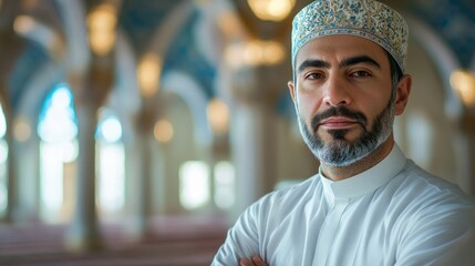 Poster - A Muslim man stands thoughtfully in a mosque, dressed in traditional attire. The warm, intricate patterns of the building illuminate his serene expression as dusk settles outside, symbolizing peace