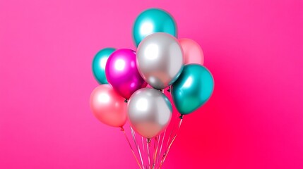 Wall Mural - Vibrant metallic balloons float joyfully against a bold pink background. AI Generated