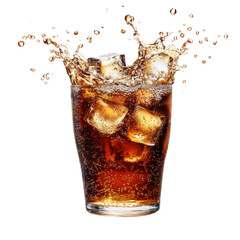 Poster - Refreshing beverage with ice cubes splashing in glass, creating lively scene. Perfect for summer enjoyment or casual gathering
