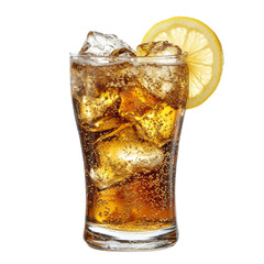 Poster - Refreshing glass of with ice and lemon slice, perfect for hot days. Enjoy fizzy bubbles and citrus flavor