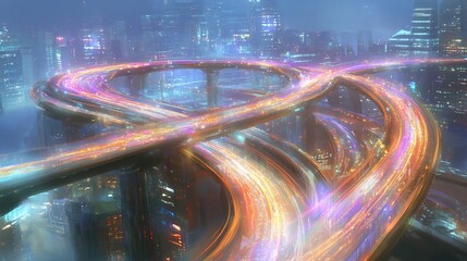 Sticker - Futuristic City Highway Night Lightscape Vibrant Colors Swirling Traffic. AI Generated