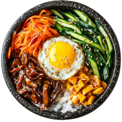 Wall Mural - Delicious bibimbap with vegetables, egg, and rice, garnished with sesame seeds, showcasing vibrant colors and textures. perfect blend of flavors and nutrition