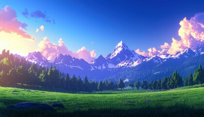 Wall Mural - Mountains rise above green fields under sky with fluffy clouds landscape