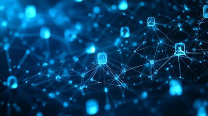 Abstract background with social network concept, human connections, and digital communication in cyberspace on a dark blue background. 