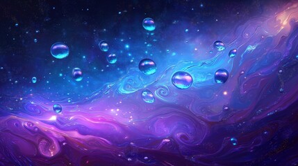 Wall Mural - Electric cyan and vivid purple droplets floating in surreal cosmic landscape