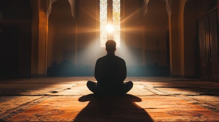 Poster - A Muslim man sits in a serene posture inside a beautifully lit mosque, embracing tranquility and devotion. Sunbeams illuminate the space, enhancing his prayerful aura and connection to faith