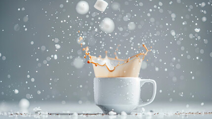 Coffee Splash:  A mesmerizing moment captured, as sugar cubes cascade into a mug of steaming coffee, creating an eruption of foamy, caffeinated joy.