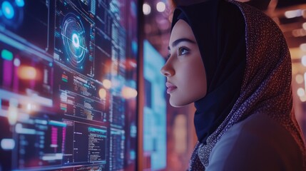 Poster - Focused on her work, a skilled Muslim female data center engineer analyses complex data displayed on illuminated screens in a bustling environment, showcasing her dedication and expertise