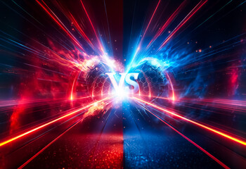 Aufkleber - Energetic image divided into red and blue zones converging at a bright center. Abstract background evokes a versus battle or intense competition with dynamic light rays.