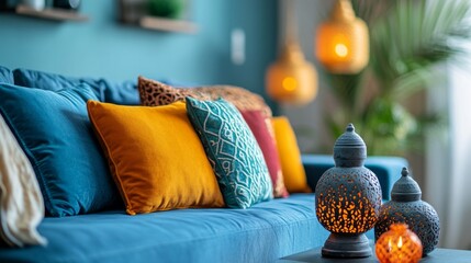Poster - Stylish living room features a plush blue sofa adorned with bright cushions. Warm lanterns illuminate the space, creating a welcoming atmosphere. Plants bring life to the decor during the evening