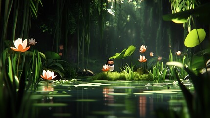 Wall Mural - Serene swamp sunlight bathes vibrant water lilies peacefully arranged. AI Generated