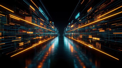 Poster - City street lined with buildings featuring 3d abstract technology and glowing neon lights at fast speeds