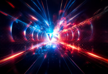 Leinwandbilder - Dynamic abstract image featuring a central 'VS' with vibrant blue and red light streaks, creating a sense of intense confrontation and energy.