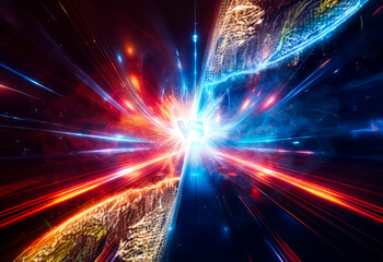 Aufkleber - Two forces collide in a vibrant burst of energy. Red and blue beams clash, creating a dynamic explosion of light and power.  An intense visual representation of opposition.