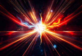 Poster - Abstract burst of vibrant light emanating from the center, radiating outwards with dynamic energy in red, orange, yellow, and blue hues.