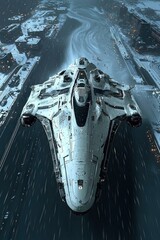 Wall Mural - futuristic spaceship descending over a snowy cityscape