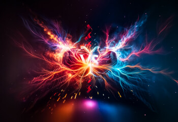 Poster - Vibrant abstract energy bursts with dynamic red and blue hues, creating a powerful contrast and vivid display of light and color.