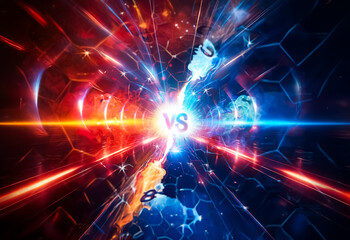 Leinwandbilder - dynamic abstract clash of red and blue energy streams converging with a central bright flash. opposi