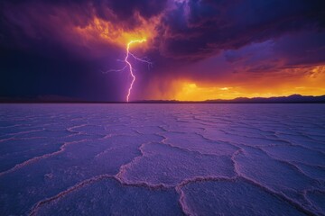 Wall Mural - Lightning strikes a salt flat during a vibrant sunset, creating a dramatic and colorful landscape.