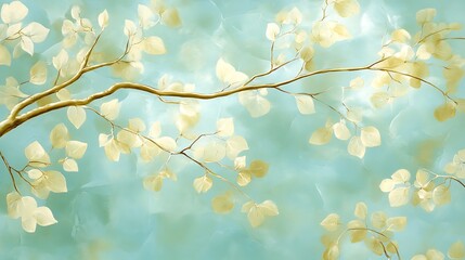 Wall Mural - Golden Branches With Pale Yellow Leaves Against A Light Blue Sky