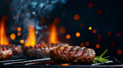 Canvas Print - Sizzling Summer Grill: Juicy beef burgers, seasoned to perfection, sizzle on a hot grill, flames dancing in the background, creating a mouthwatering scene of summer grilling.