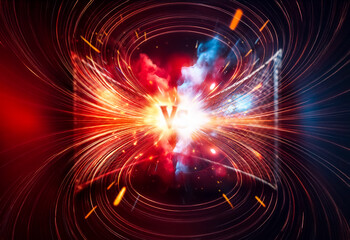 Aufkleber - Abstract digital artwork of a vibrant explosion. Dynamic burst of colorful light and energy radiating outward from a central point against a dark backdrop.