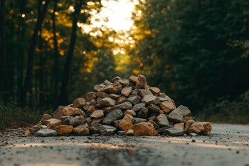 Wall Mural - Rocks piled up on a forest path, with trees and sunshine in background