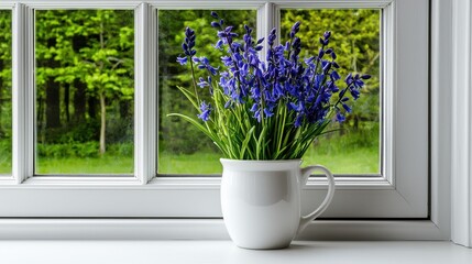 Wall Mural - Beautiful Lavender Bouquet in White Ceramic Pot by a Bright Window with Lush Green Background