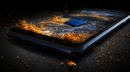 Poster - Cell phone with blue screen and lock displayed on a black surface in high fidelity image