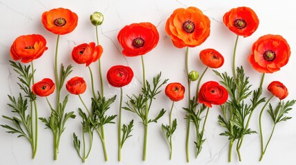 Wall Mural - Vibrant Ranunculus Flowers in Bright Orange and Red Shades on a Light Marble Background