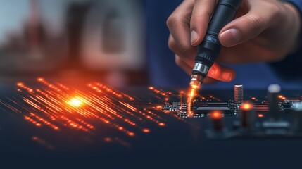 Poster - Close up of a man working on a circuit board using electronic instruments and tools
